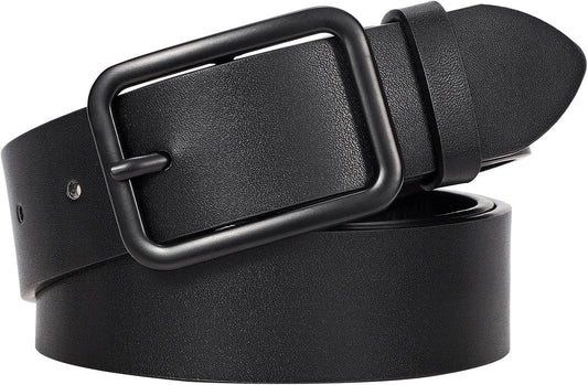 HOTWERFORU Women Classic Black Leather Belt With Square Silver Buckle For Jeans Pants,1.3" width