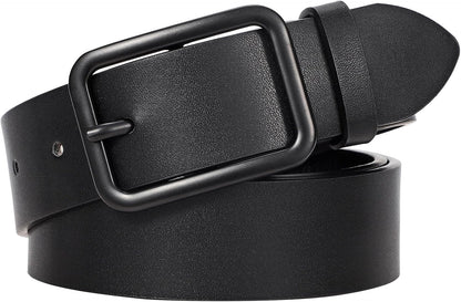 HOTWERFORU Women Classic Black Leather Belt With Square Silver Buckle For Jeans Pants,1.3" width