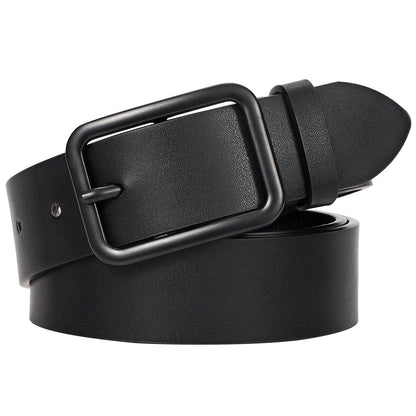 HOTWERFORU Women Classic Black Leather Belt With Square Silver Buckle For Jeans Pants,1.3" width