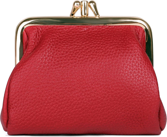 HOTDOPP Pebble Grain Leather Kiss-Lock Coin Purse for Women, Triple Frame with 2 Large Pockets,Gold Tone Hardware