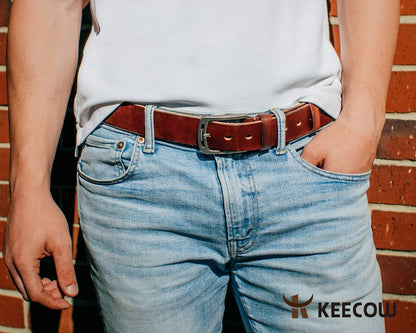 HOTKEECOW Men's 100% Italian Cow Leather Belt Men With Anti-Scratch Buckle,Packed in a Box