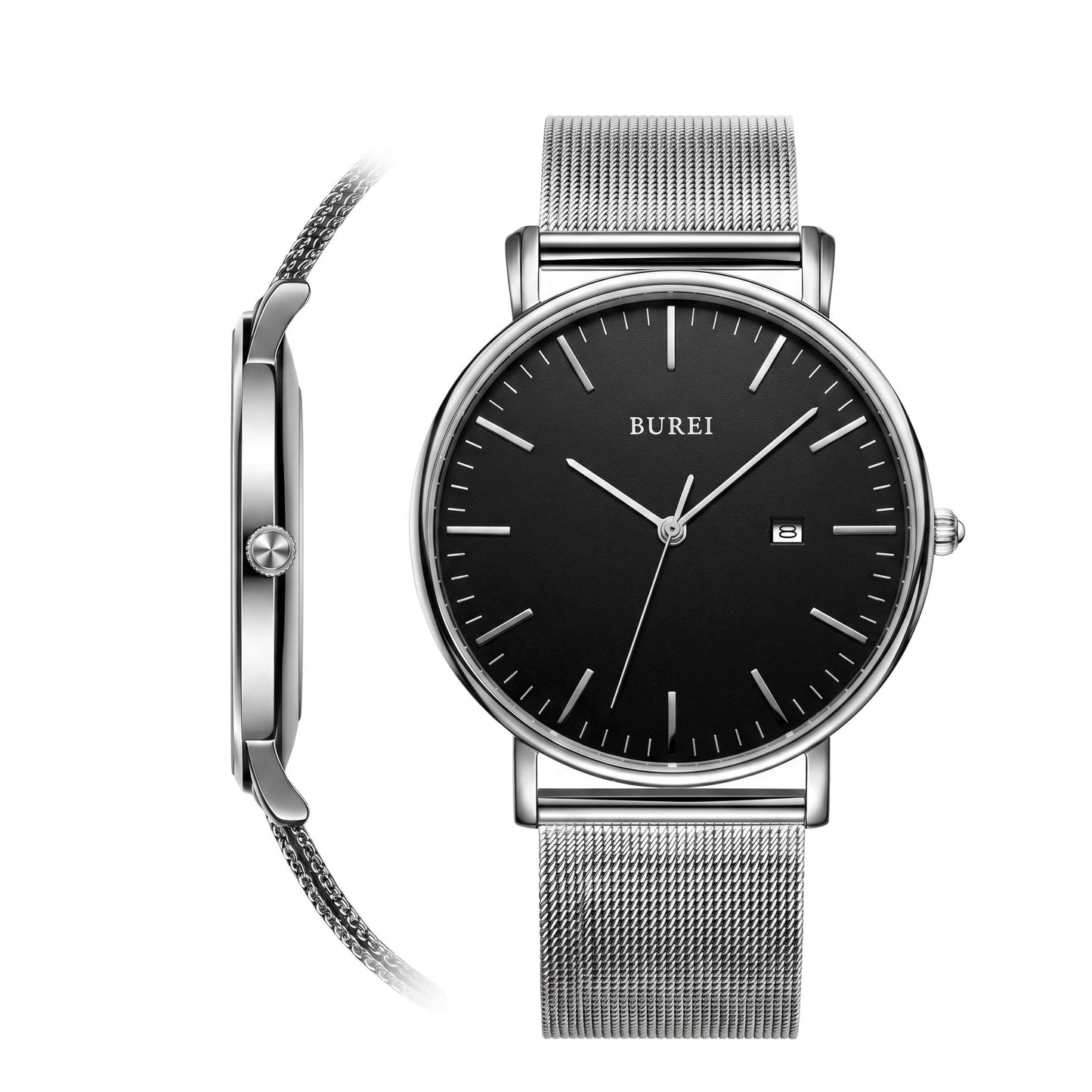HOTBUREI Ultra Thin Minimalist Men Watch, All Black Stainless Steel Mesh Band,Analog Waterproof Casual Business Wristwatch, Gift for Father