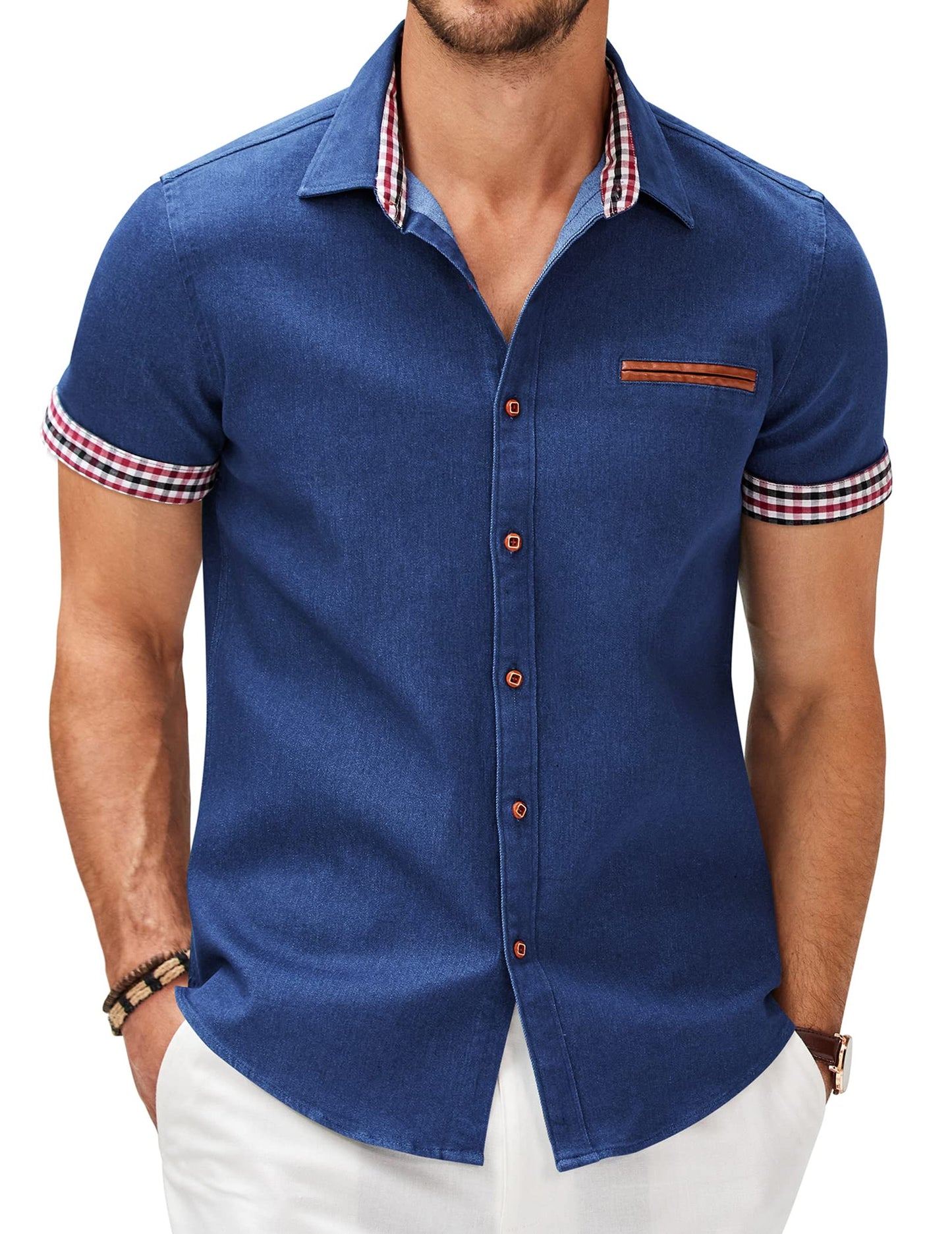 HOTCOOFANDY Men's Cotton Casual Short Sleeve Button Down Shirt Plaid Collar Denim Work Shirts