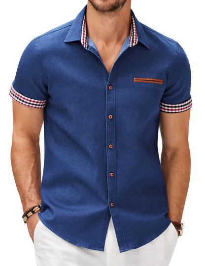 HOTCOOFANDY Men's Cotton Casual Short Sleeve Button Down Shirt Plaid Collar Denim Work Shirts