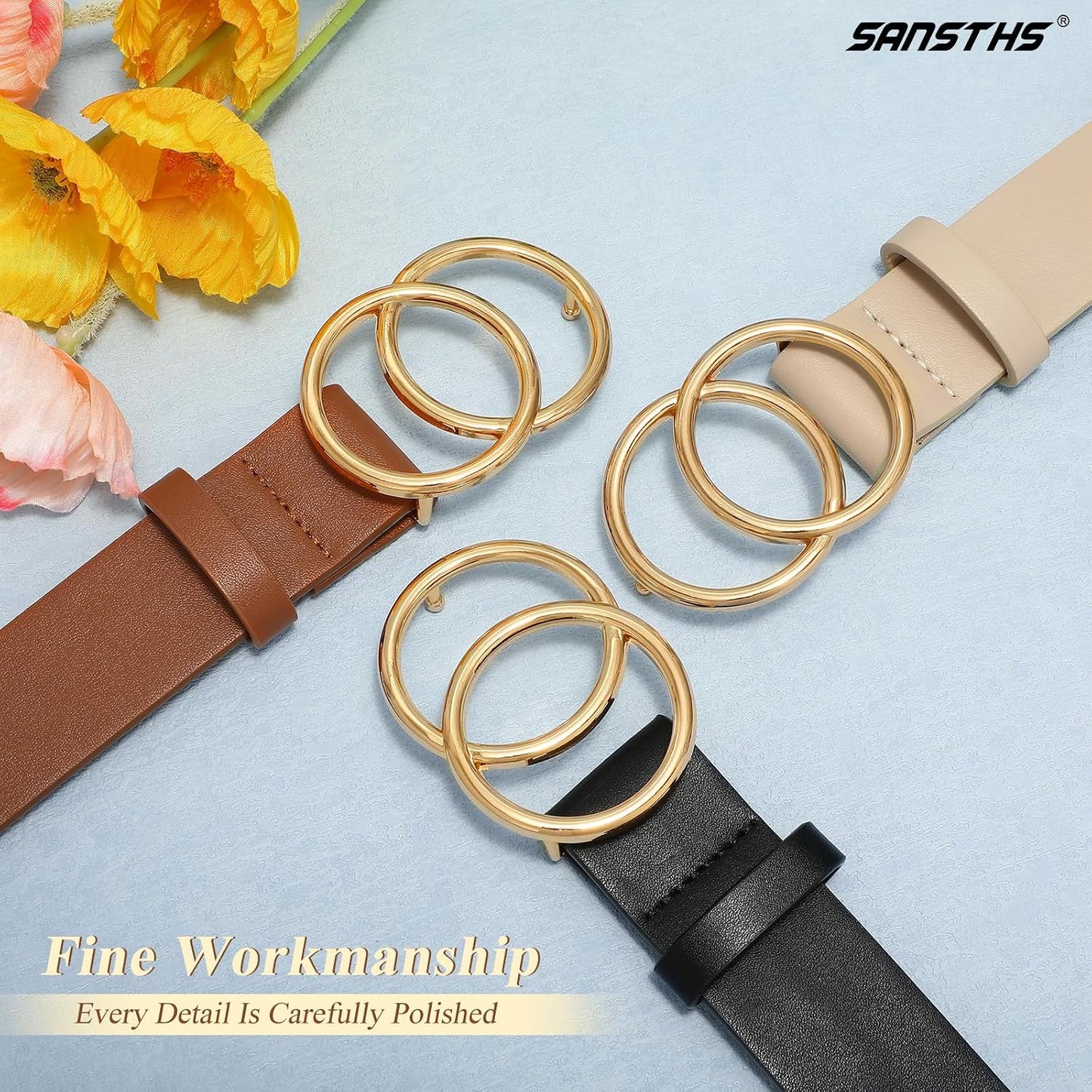 HOTSANSTHS 3 Pack Women Waist Belts for Jeans Pants Dresses, Ladies Belt with Double O-Ring Gold Buckle