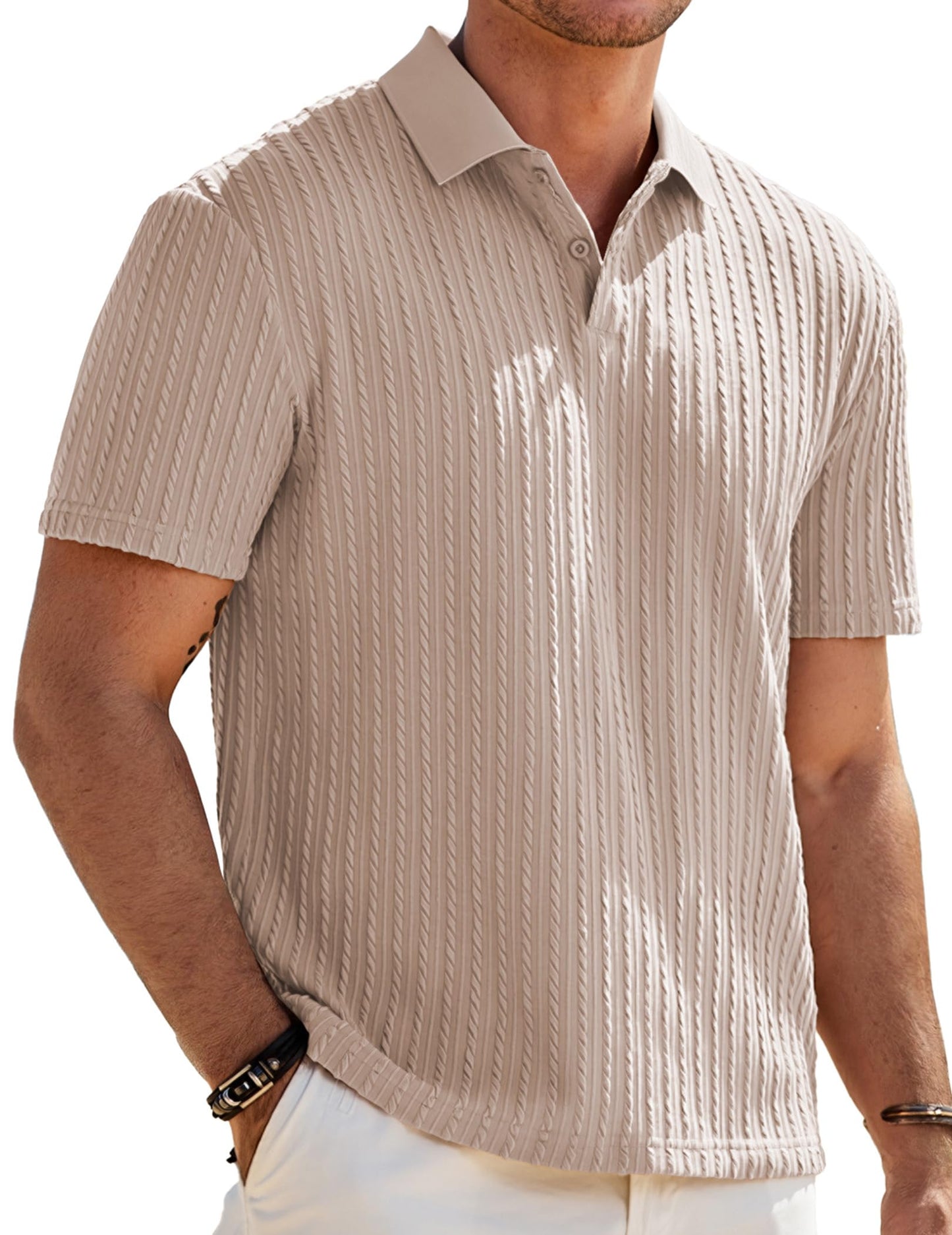 HOTJMIERR Mens Casual Polo Shirt Summer Short Sleeve Vacation Button Beach Knit Stretchy Golf Shirts