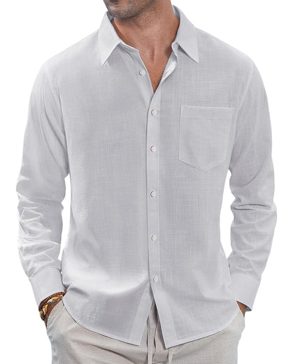 HOTJ.VER Men's Linen Shirts Casual Button Down Long Sleeve Shirt Solid Spread Collar Summer Beach Shirts with Pocket