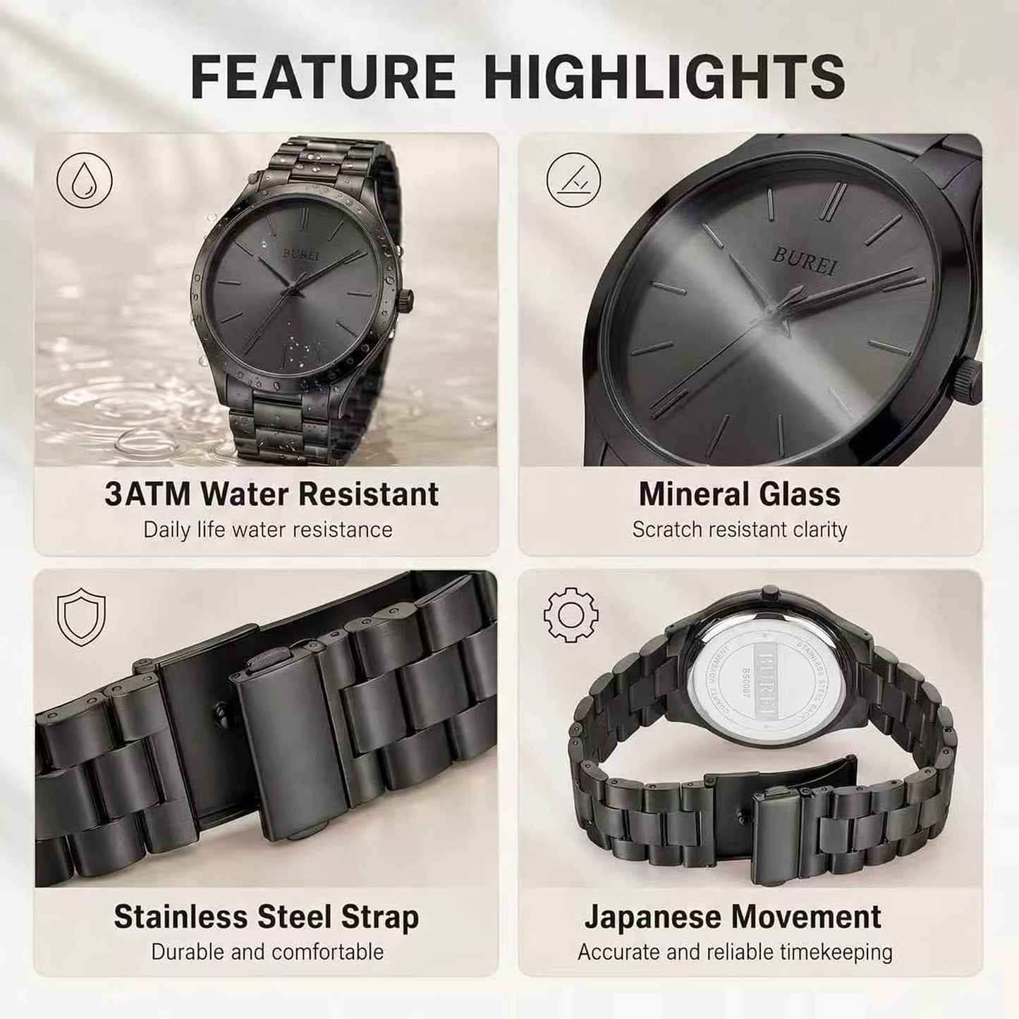 HOTBUREI Men's Wrist Watch, Analog Stainless Steel Dress Waterproof Quartz Watch for Men with Japanese Movement,Refined Gifts for Men, Boyfriend, Husband, Dad