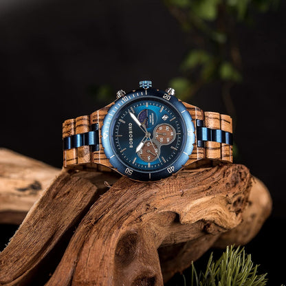HOTBOBO BIRD Mens Quartz Wooden Watches Stainless Steel Red Sandalwood Alloy Wood Watch for Male Classic Function Wristwatch Chronograph Luminous Hands Day and Night Date Display