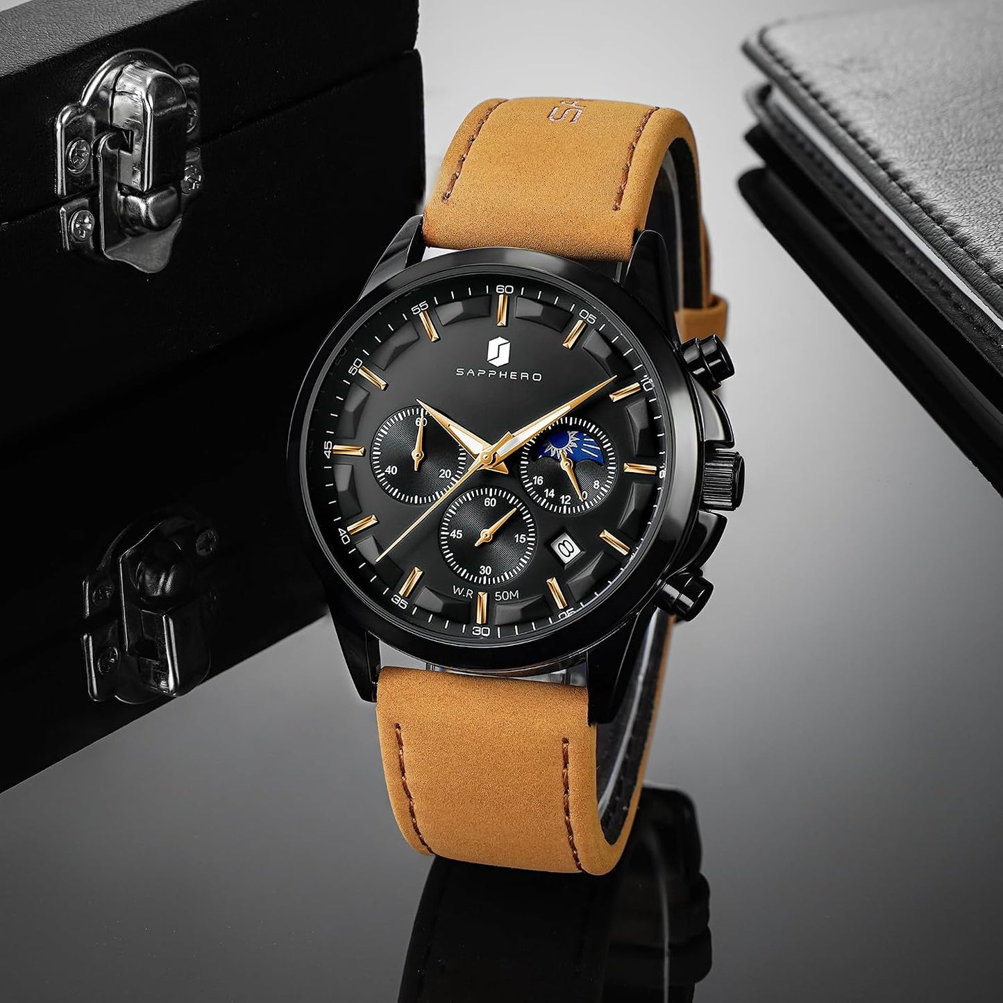 HOTSAPPHERO Chronograph Watches for Men, Original Business Casual Stainless Steel Analog Watch 50M Waterproof Luminous Watches with Date Dial, Mens Gift