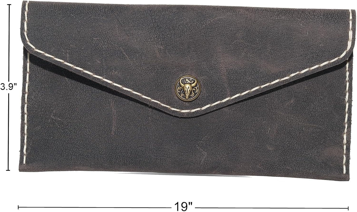 HOTHandcrafted Full-Grain Leather Envelope Wallet Artisan Stitching with Metal Snaps, Slim Card Holder & Cash Organizer (7.5x3.9in) (Black)