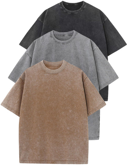 HOTFlygo 3 Pack Men Oversized T Shirts Acid Washed Unisex Tee Loose Fit Short Sleeve Casual Streetwear Baggy Basic Tops