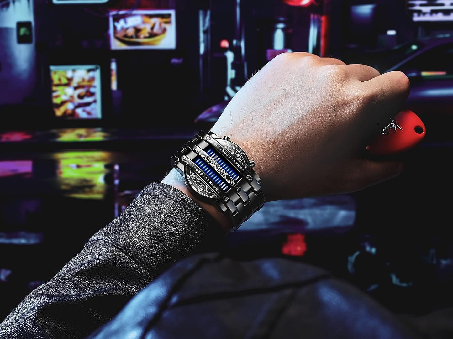 HOTFANMIS Creative Mens Binary Matrix Blue LED Digital Watch Fashion Classic Black Plated Waterproof LED Backlight Bracelet Watches
