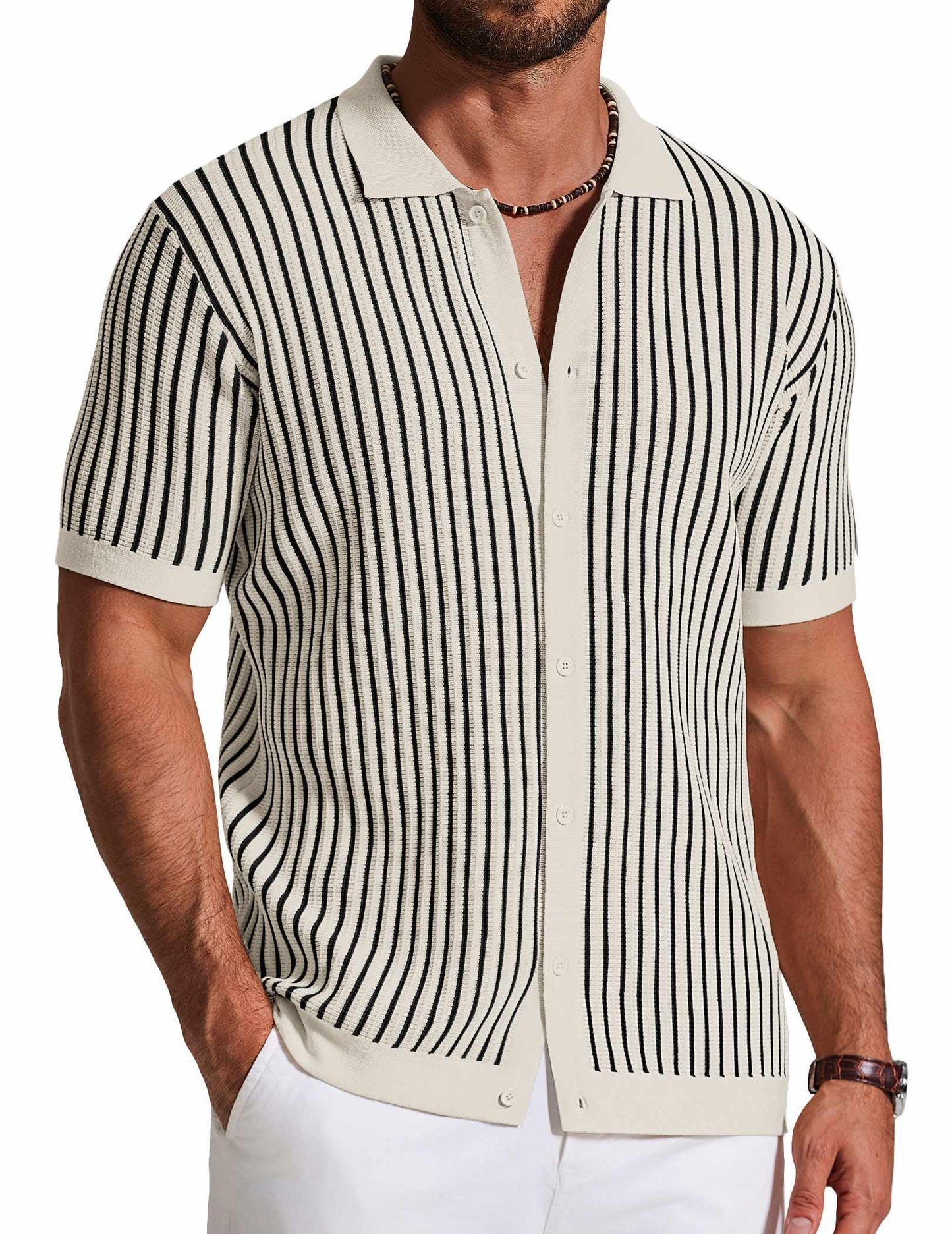 HOTCOOFANDY Mens Knit Button Down Shirts Short Sleeve Polo Shirt Vintage Striped Casual Shirts