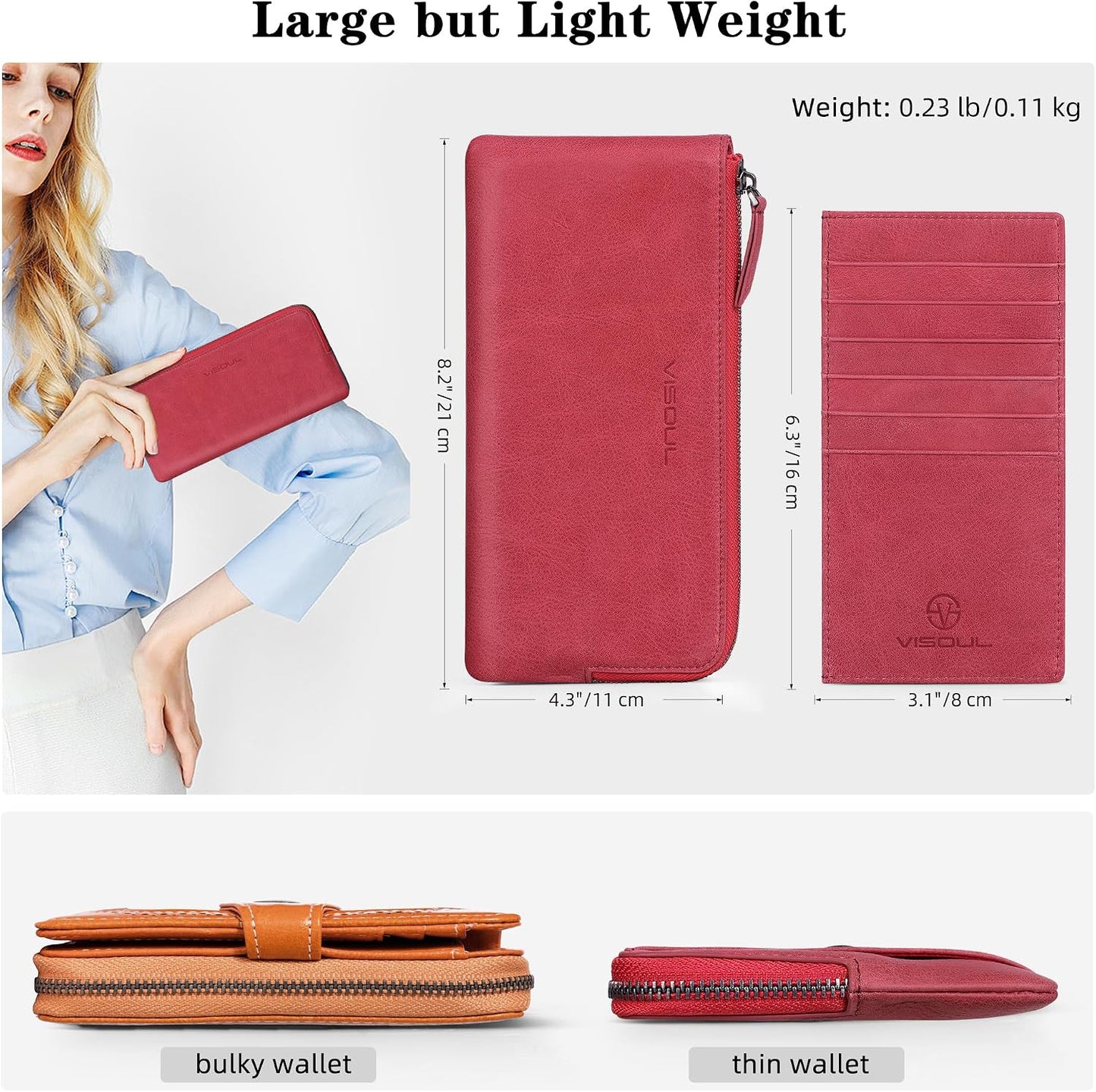 HOTVISOUL Long Zipper Cash Wallet for Women with Removable Credit Card Holder, Soft Genuine Leather Clutch Wallet-Light Red