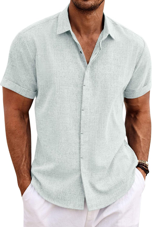 HOTCOOFANDY Men's Linen Shirts Short Sleeve Casual Shirts Button Down Shirt for Men Beach Summer Wedding Shirt
