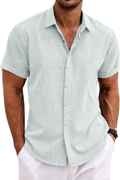 HOTCOOFANDY Men's Linen Shirts Short Sleeve Casual Shirts Button Down Shirt for Men Beach Summer Wedding Shirt