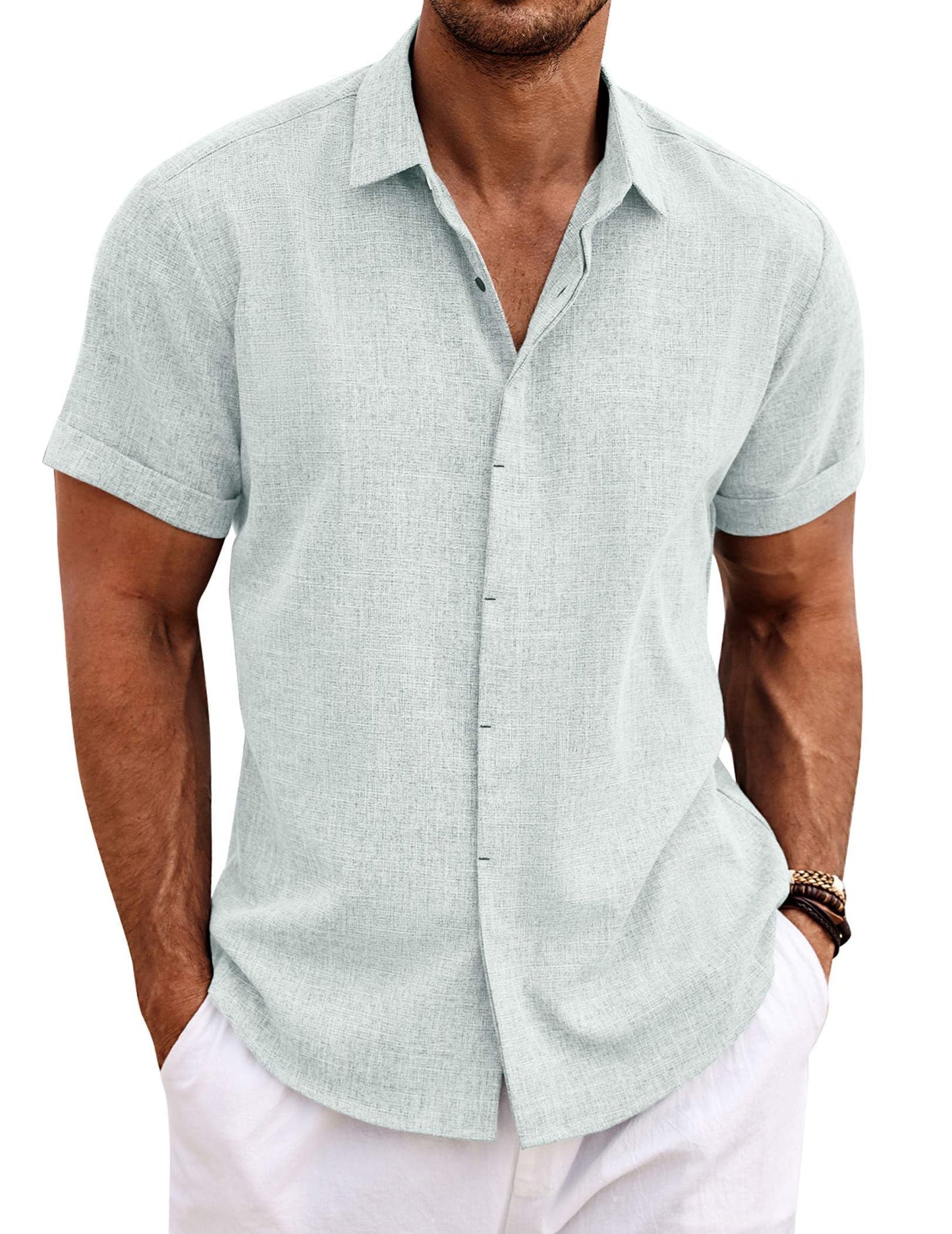 HOTCOOFANDY Men's Linen Shirts Short Sleeve Casual Shirts Button Down Shirt for Men Beach Summer Wedding Shirt