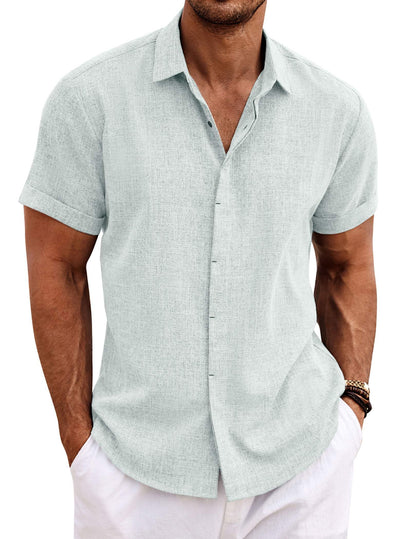 HOTCOOFANDY Men's Linen Shirts Short Sleeve Casual Shirts Button Down Shirt for Men Beach Summer Wedding Shirt