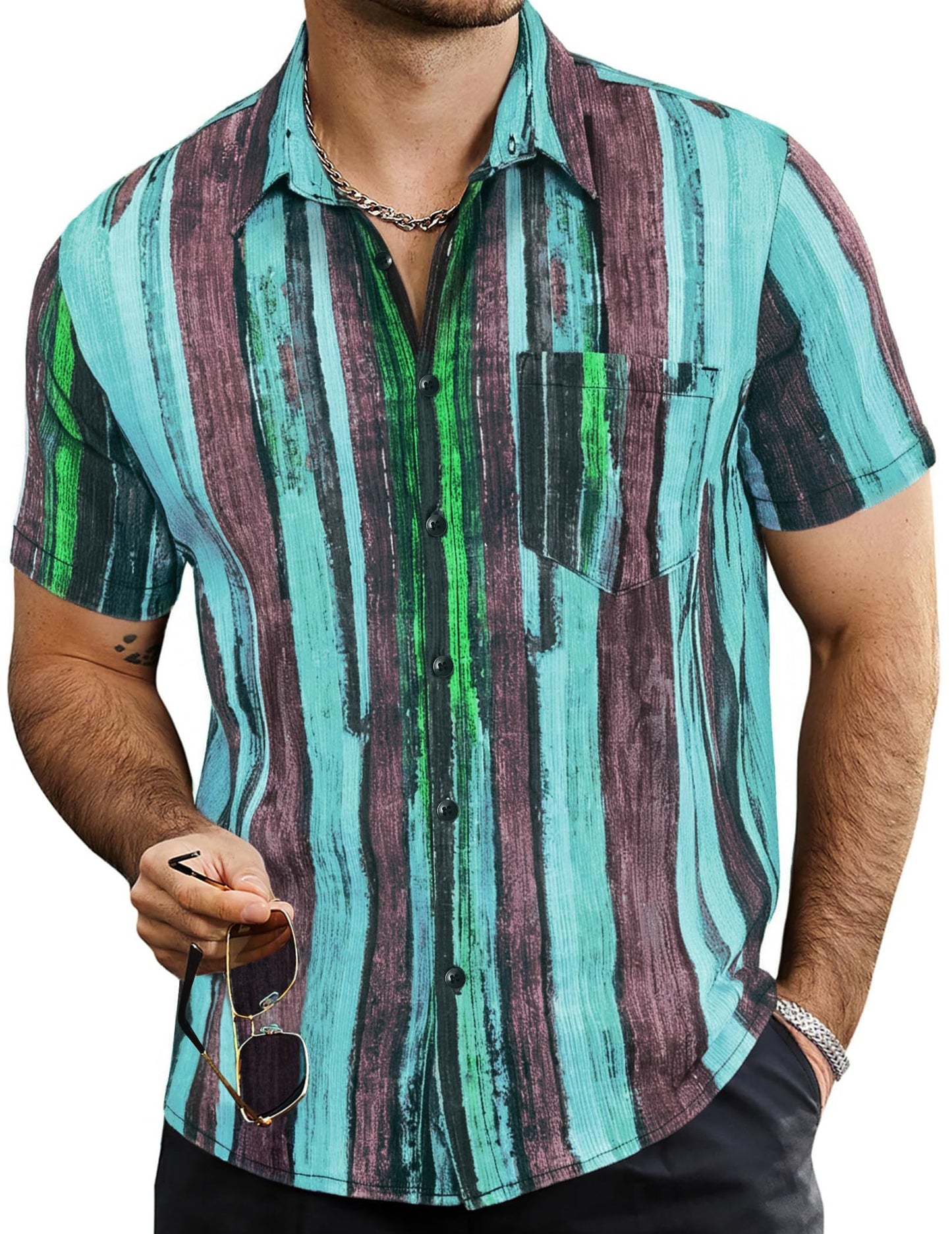HOTVATPAVE Mens Summer Striped Shirts Button Down Short Sleeve Vintage Beach Hawaiian Shirts with Pocket