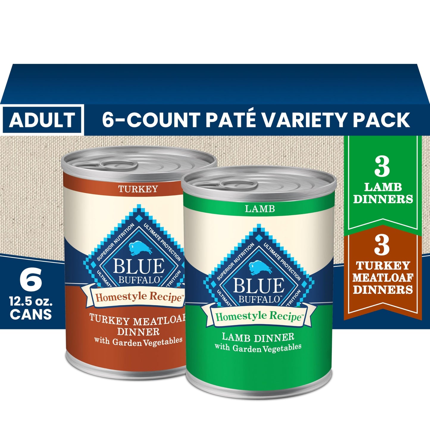 HOTBlue Buffalo Homestyle Recipe Wet Dog Food Paté Variety Pack, Chicken Dinner & Beef Dinner with Garden Vegetables, Made with Natural Ingredients, 12.5-oz. Can (6 Count, 3 of Each)