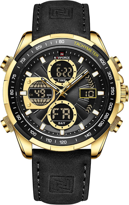 HOTNAVIFORCE Men's Military Digital Watches Analog Quartz Waterproof Watch Sport Multifunctional Leather Wristwatch