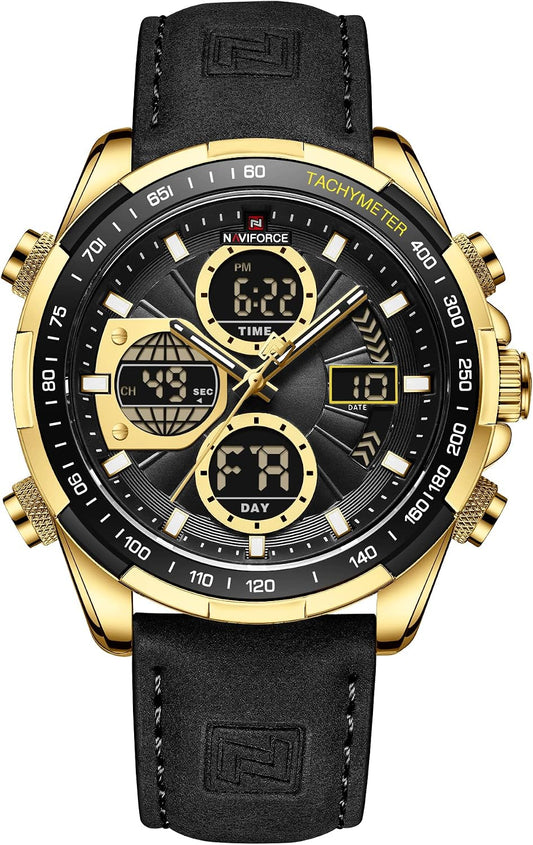 HOTNAVIFORCE Men's Military Digital Watches Analog Quartz Waterproof Watch Sport Multifunctional Leather Wristwatch