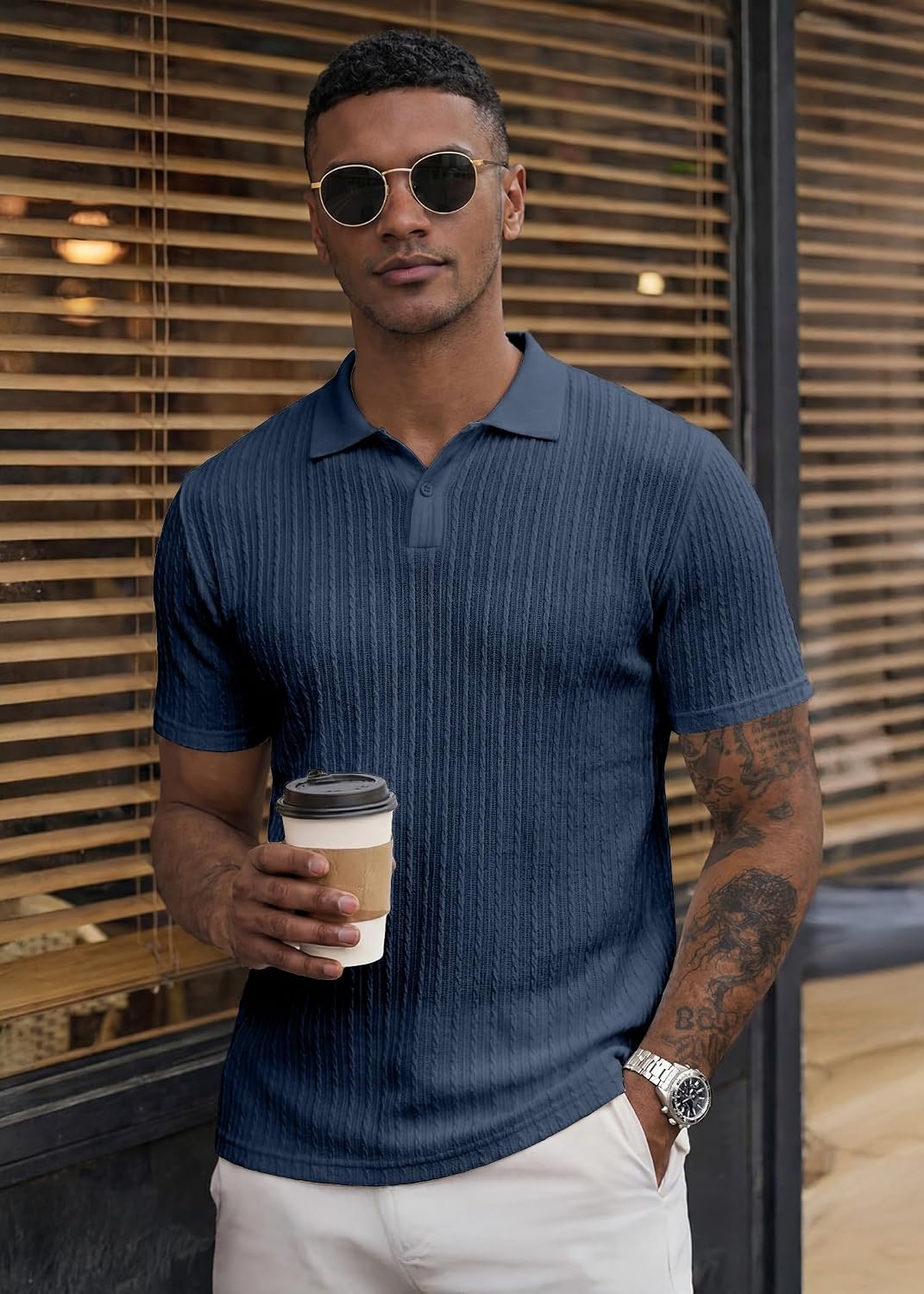 HOTJMIERR Mens Casual Polo Shirt Summer Short Sleeve Vacation Button Beach Knit Stretchy Golf Shirts