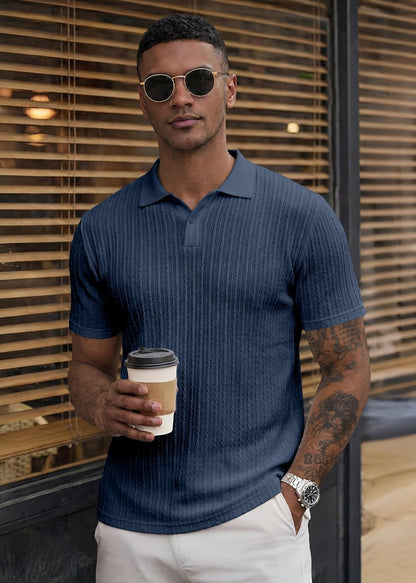 HOTJMIERR Mens Casual Polo Shirt Summer Short Sleeve Vacation Button Beach Knit Stretchy Golf Shirts