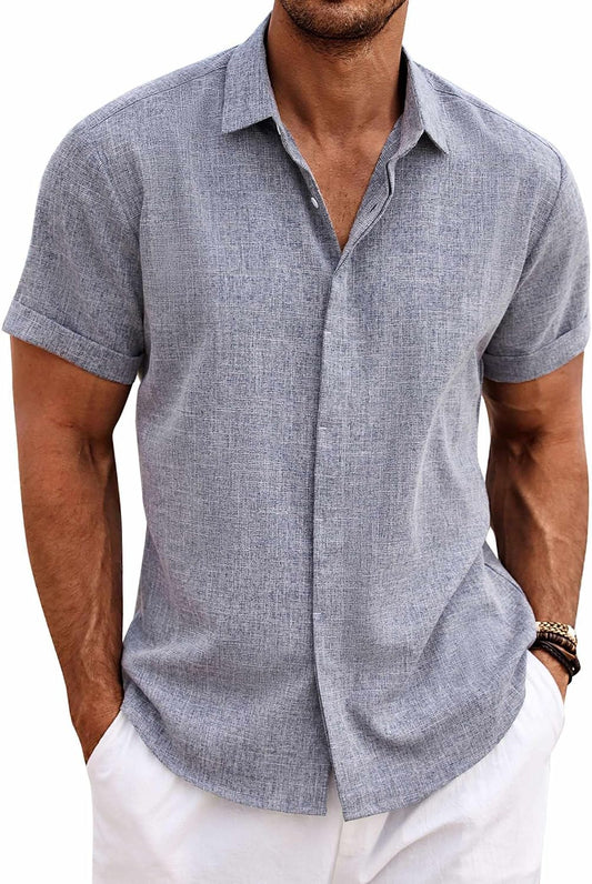 HOTCOOFANDY Men's Linen Shirts Short Sleeve Casual Shirts Button Down Shirt for Men Beach Summer Wedding Shirt
