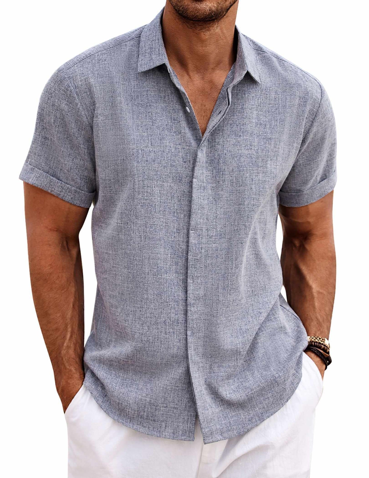 HOTCOOFANDY Men's Linen Shirts Short Sleeve Casual Shirts Button Down Shirt for Men Beach Summer Wedding Shirt