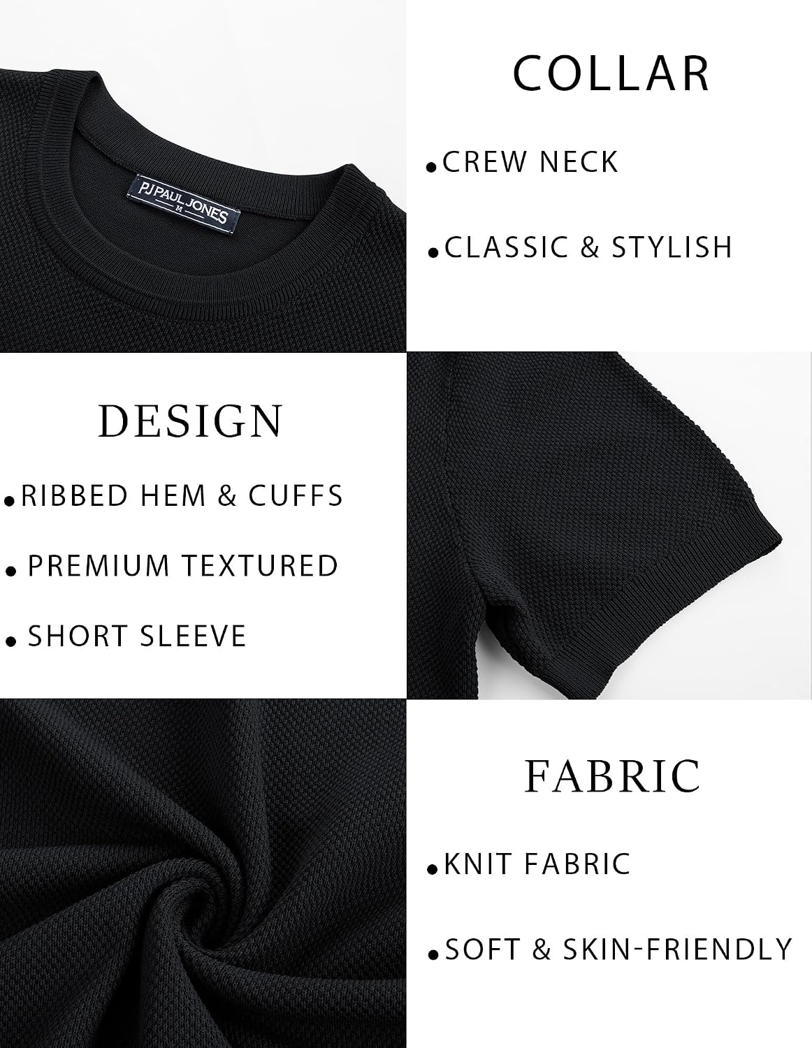HOTPJ PAUL JONES Mens T Shirts Casual Knit Short Sleeve Tee | Crewneck, Textured Stretch T-Shirts, Lightweight, Comfortable, Breathable, Summer Clothing, Fashion, Classic, Vacation