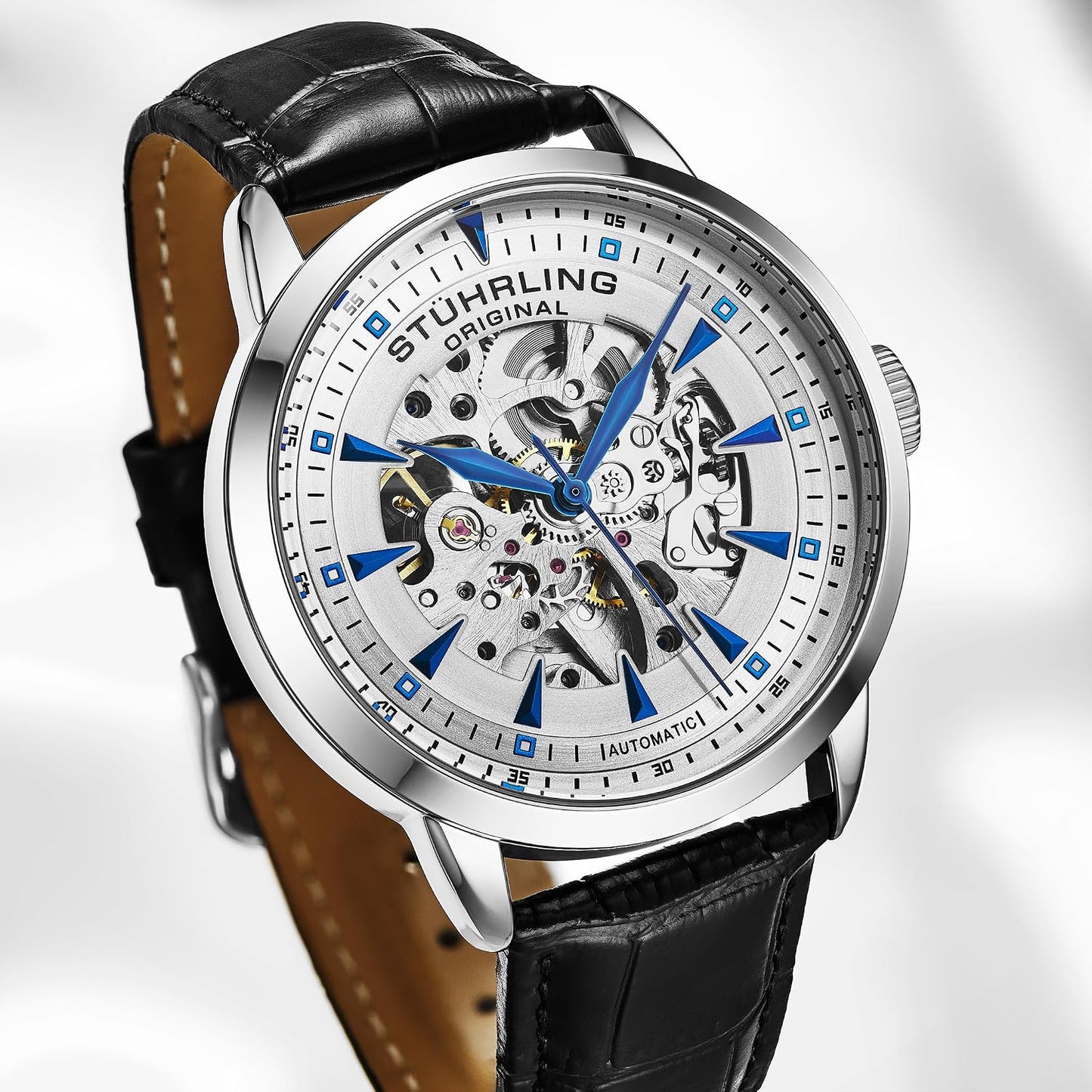 HOTStuhrling Original Mens Skeleton Automatic Dress Watch with Alligator Embossed Leather Strap Skeleton Dial