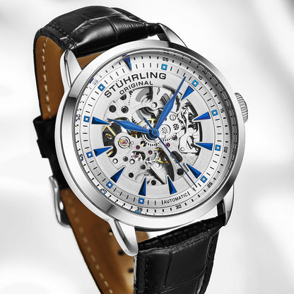 HOTStuhrling Original Mens Skeleton Automatic Dress Watch with Alligator Embossed Leather Strap Skeleton Dial