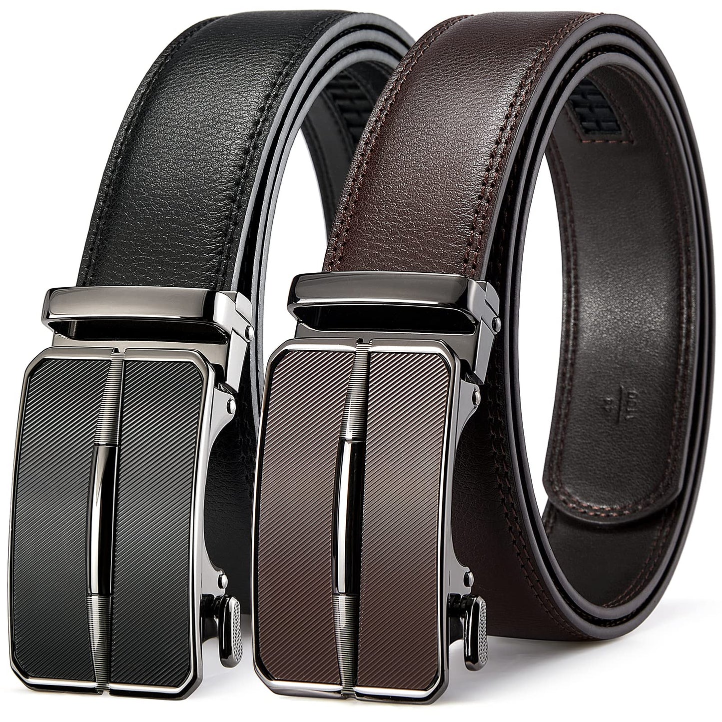 HOTBOSTANTEN Ratchet Leather Belt For Men 2 Pack Dress and Casual with Adjustable Buckle, Trim to Fit
