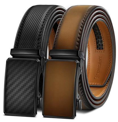 HOTKEMISANT Men's Ratchet Leather Belt 2Pack-Trimmable 1 3/8“-Gift Boxed | Smooth Sliding | Micro Adjustable Fit | Tailored Size | Holeless Understated Elegance