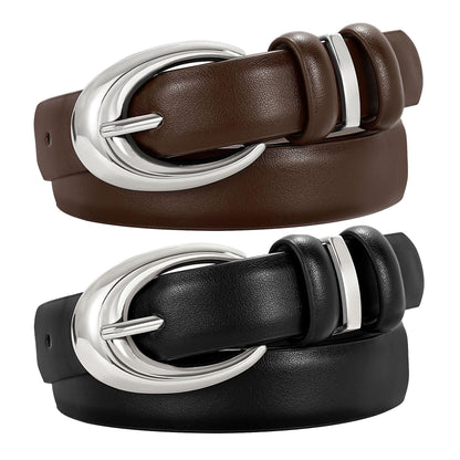 HOTTRIWORKS 2 Pack Women Leather Belt for Jeans Pants Fashion Ladies Faux Leather Belt with Gold Buckle