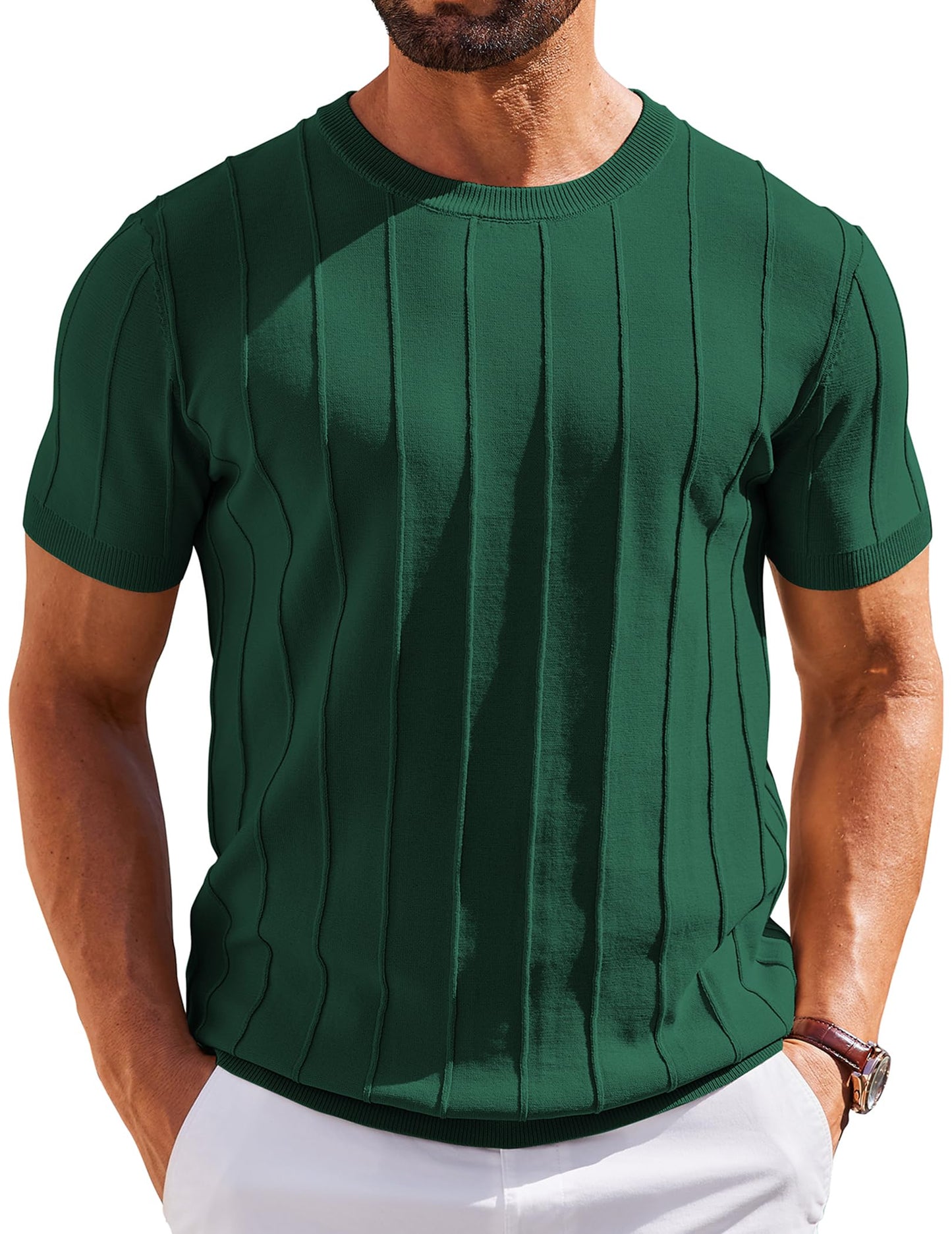 HOTCOOFANDY Men's T- Shirts Short Sleeve Knit Sweater Shirt Casual Crewneck Ribbed Pullover Tees