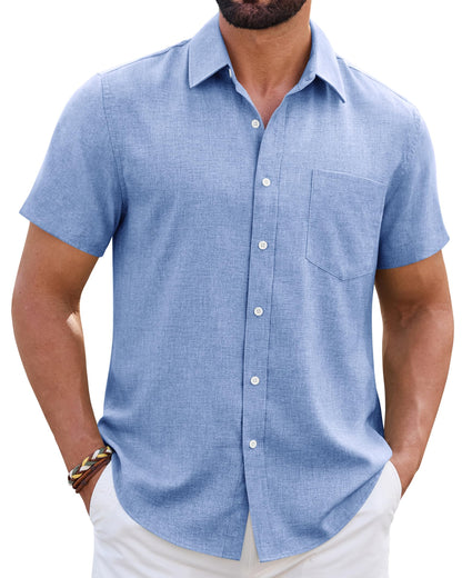 HOTMens Linen Shirt Short Sleeve Wrinkle Free Casual Untucked Button Down Shirts Beach Breathable Tops Summer