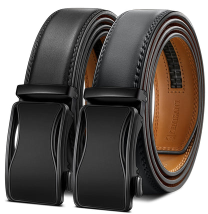 HOTKEMISANT Men's Ratchet Leather Belt 2Pack-Trimmable 1 3/8“-Gift Boxed | Smooth Sliding | Micro Adjustable Fit | Tailored Size | Holeless Understated Elegance