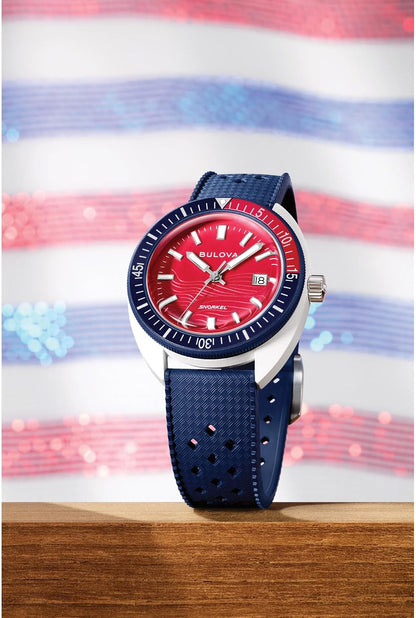 HOTBulova Men's Snorkel - America's 250th Sail 4th Special Edition: 41mm White Hybrid-Ceramic Case with a Blue Rubber Strap & Red Dial (Style: 98B474)