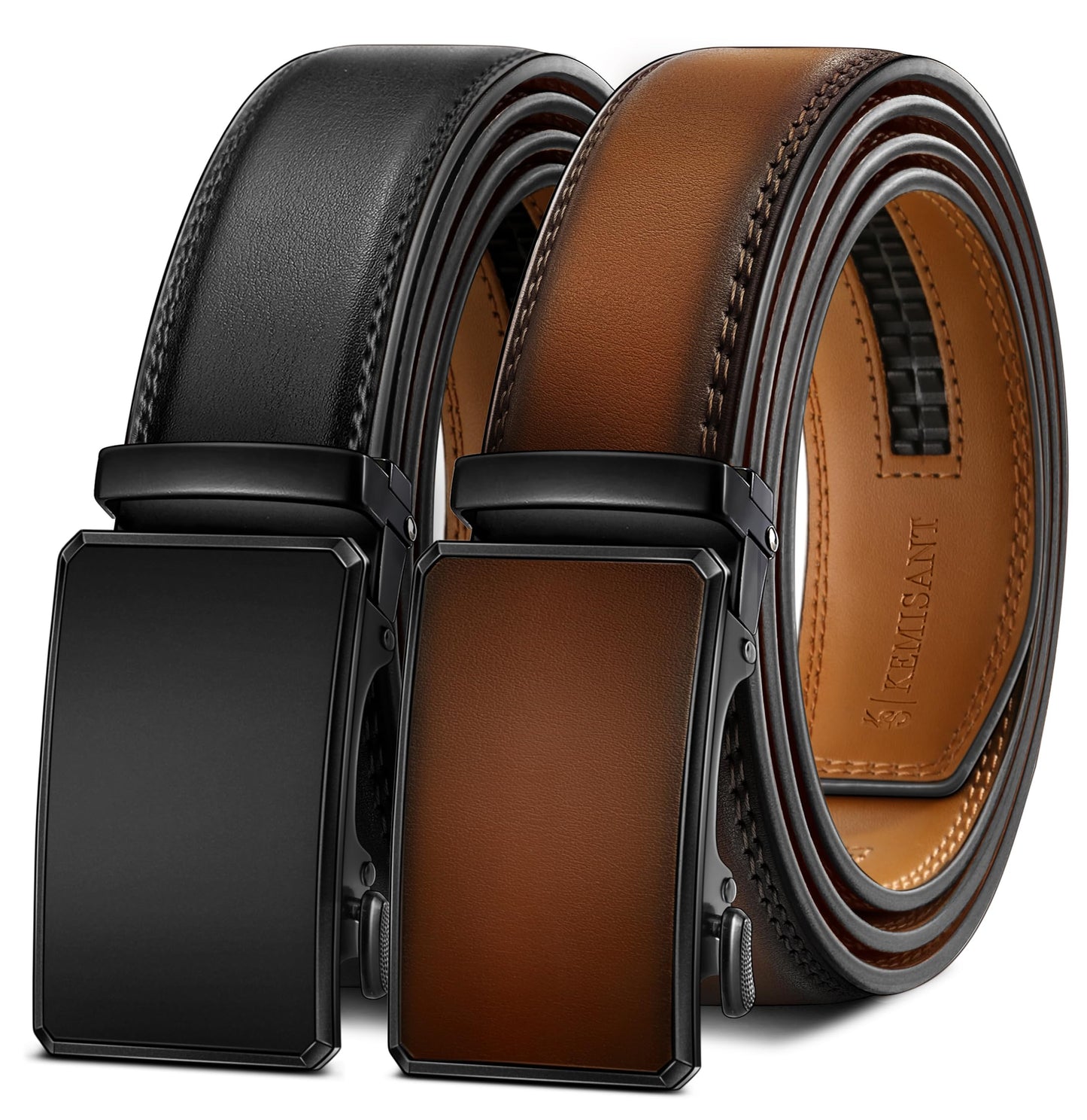 HOTKEMISANT Men's Ratchet Leather Belt 2Pack-Trimmable 1 3/8“-Gift Boxed | Smooth Sliding | Micro Adjustable Fit | Tailored Size | Holeless Understated Elegance
