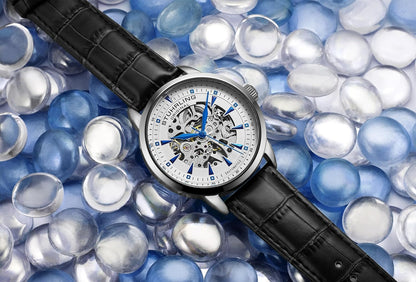 HOTStuhrling Original Mens Skeleton Automatic Dress Watch with Alligator Embossed Leather Strap Skeleton Dial