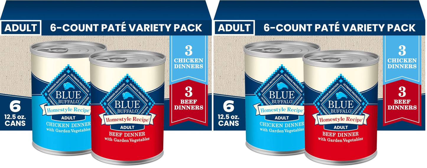 HOTBlue Buffalo Homestyle Recipe Wet Dog Food Paté Variety Pack, Chicken Dinner & Beef Dinner with Garden Vegetables, Made with Natural Ingredients, 12.5-oz. Can (6 Count, 3 of Each)