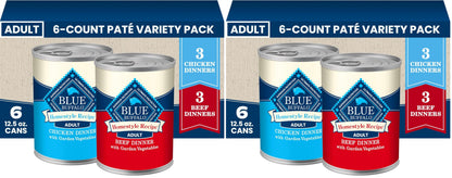 HOTBlue Buffalo Homestyle Recipe Wet Dog Food Paté Variety Pack, Chicken Dinner & Beef Dinner with Garden Vegetables, Made with Natural Ingredients, 12.5-oz. Can (6 Count, 3 of Each)