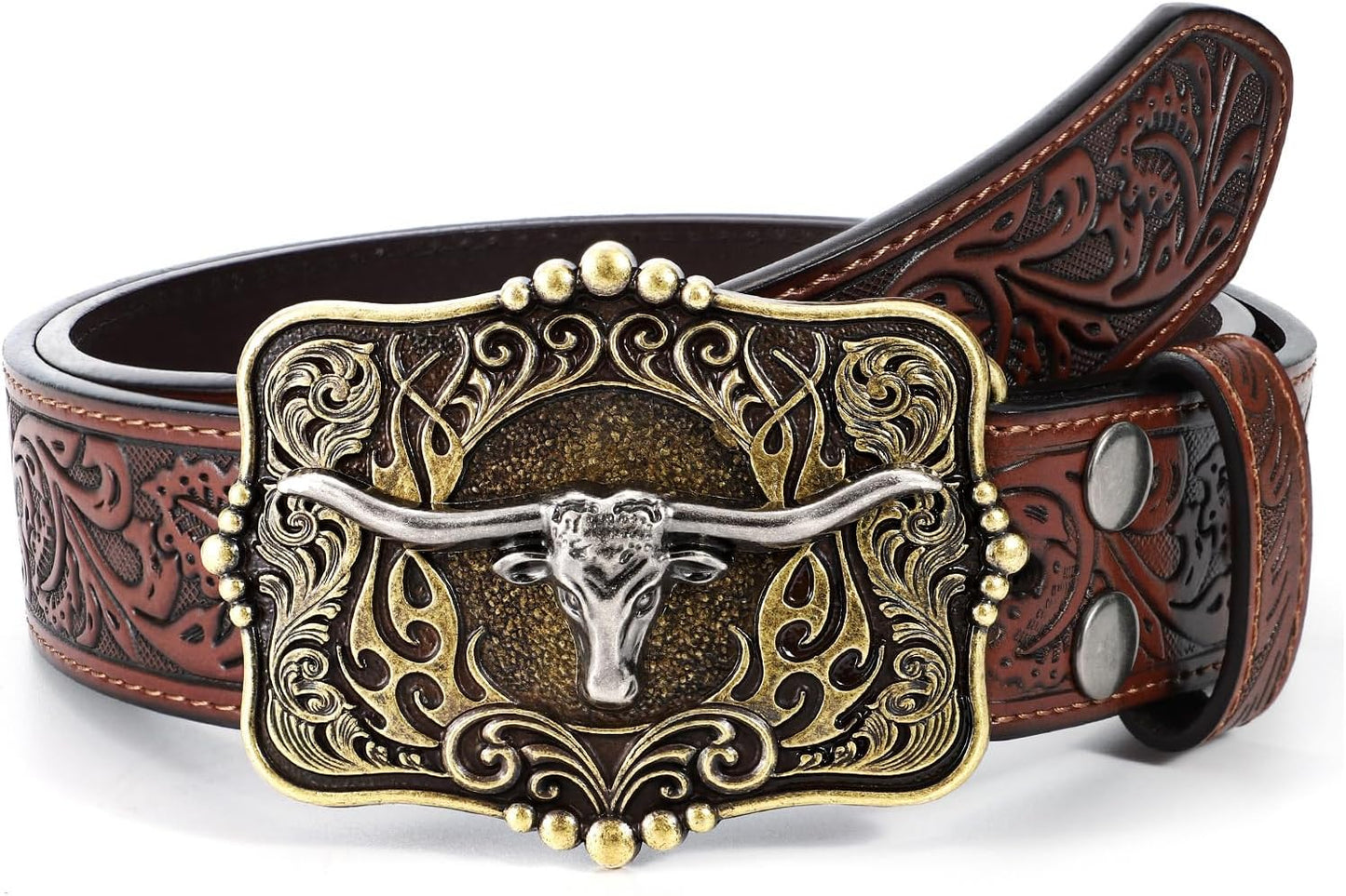 HOTCowboy Cowgirl Belt Western Belts for Men Women Floral Engraved Longhorn Bull Buckle Belt for Jeans