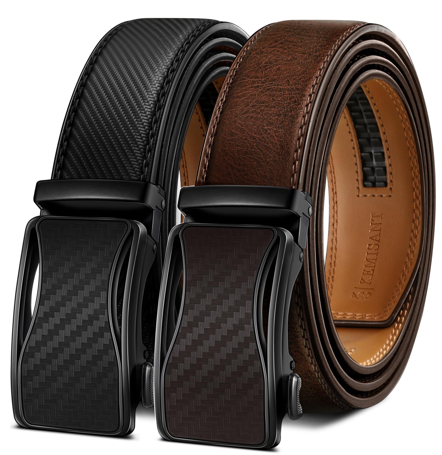 HOTKEMISANT Men's Ratchet Leather Belt 2Pack-Trimmable 1 3/8“-Gift Boxed | Smooth Sliding | Micro Adjustable Fit | Tailored Size | Holeless Understated Elegance