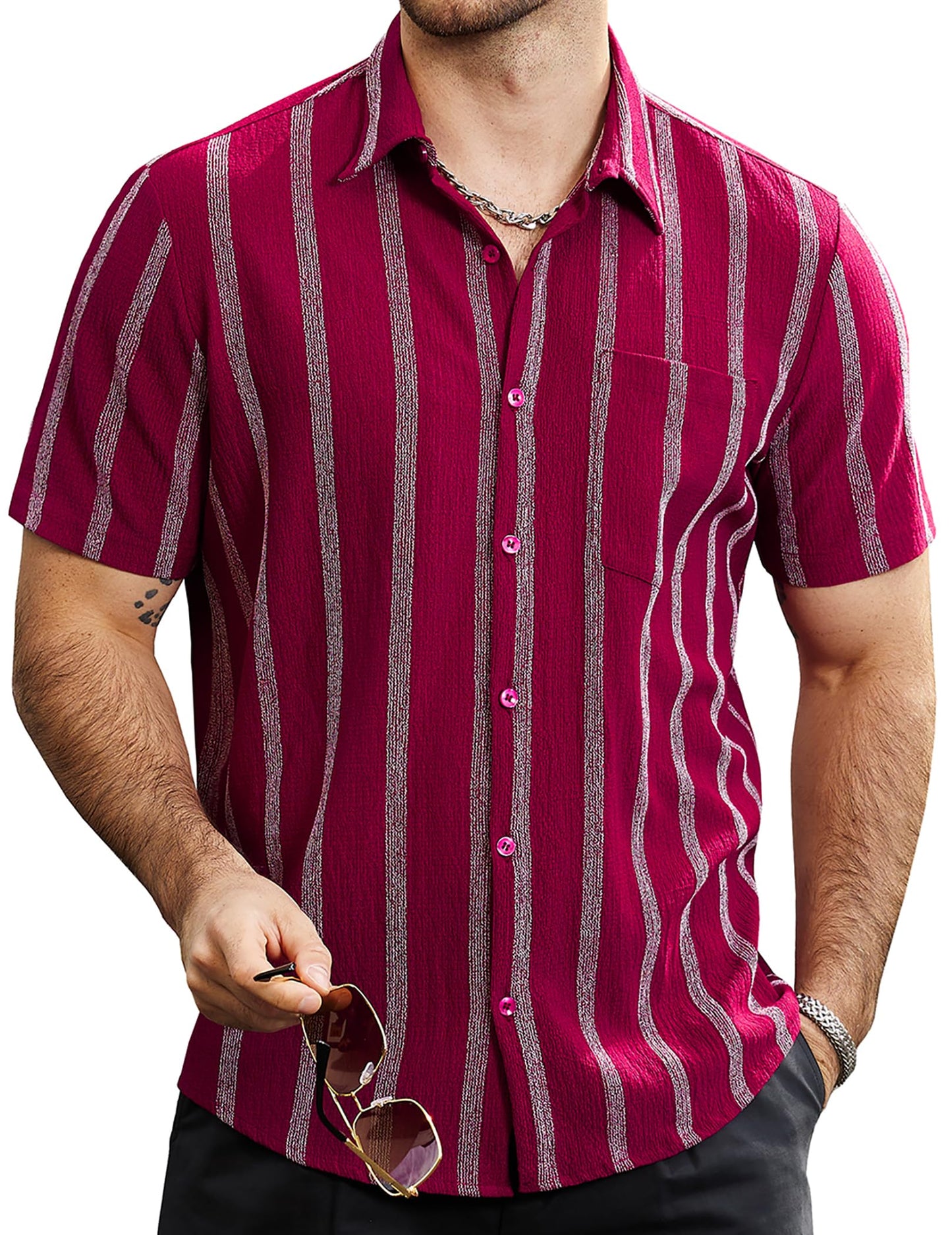 HOTVATPAVE Mens Summer Striped Shirts Button Down Short Sleeve Vintage Beach Hawaiian Shirts with Pocket