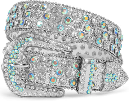 HOTXZQTIVE Cowgirl Bling Studded Leather Belts for Jeans Pants with Rhinestone and Western Silver Buckle, Unisex