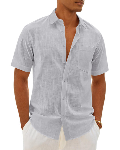 HOTMens Linen Textured Shirt Cotton Short Sleeve Summer Button Down Shirts | 100% Cotton, Linen-look Texture, Casual Wear, Breathable Feel, Lightweight, Untucked, Regular Fit, Beach, Vacation, Resort